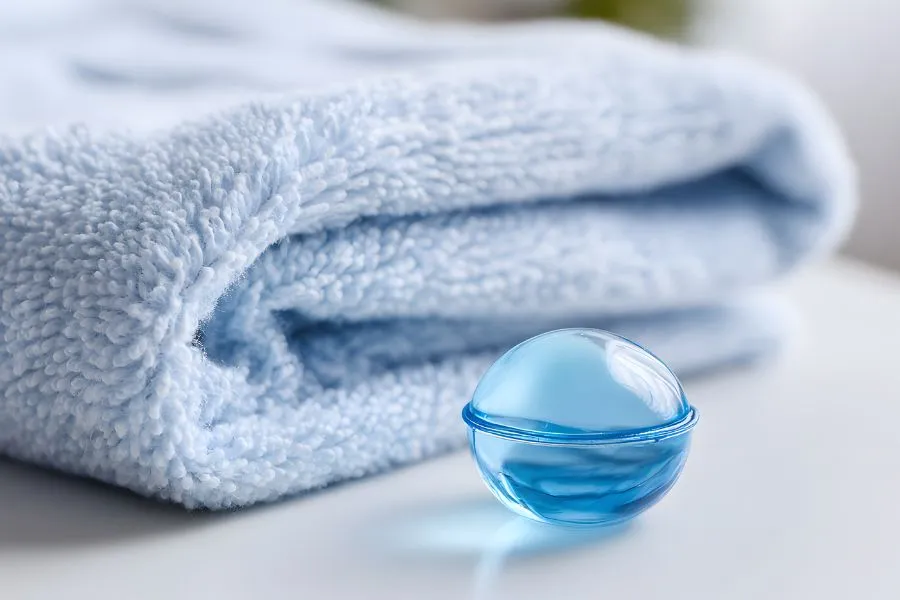 small laundry detergent sphere pod next to clean towel